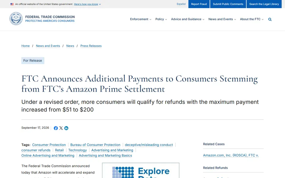 FTC press release page announcing additional payments to consumers under the Amazon Prime settlement.